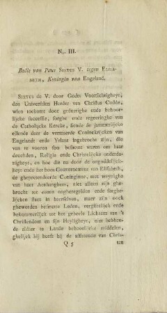 No. III. Bulle van Paus Sixtus V. tegen Elisabeth, Koningin van Engeland