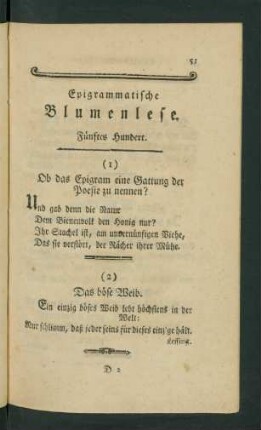 Epigrammatische Blumenlese. Fünftes Hundert