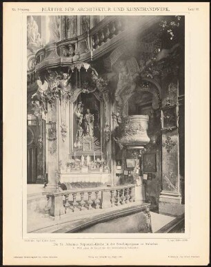 Johannes Nepomuk-Kirche, München: Innenansicht Kanzel und Nebenaltar (aus: Blätter für Architektur und Kunsthandwerk, 11. Jg., 1898, Tafel 33)
