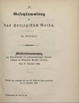 845. Ministerialbekanntmachung, den Gewerbebetrieb der zollvereinsländischen Handelsreisenden im Königreiche Preußen betreffend; vom 27. December 1866