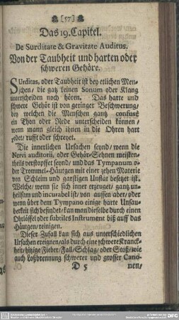 Das 19. Capitel. De Surditate & Gravitate Auditus. Von der Taubheit und harten oder schweren Gehöre