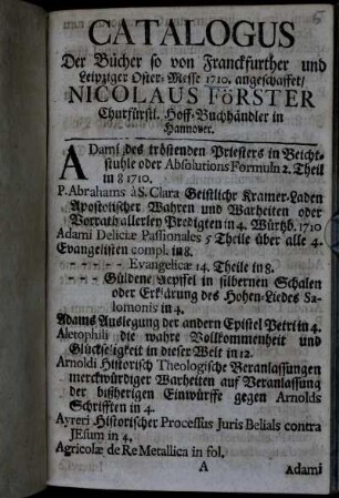 Catalogus Der Bücher so von Franckfurther und Leipziger Oster-Messe 1710. angeschaffet