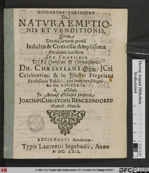 Discursus Iuridicus De Natura Emptionis Et Venditionis
