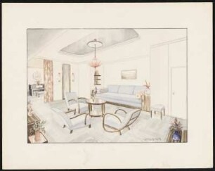 Wohnzimmer. Sofa, Dreisitzer mit seitlichen Schrankteilen, Hocker, drei unterschiedliche Armlehnsessel mit sichtbarem Holzgestell, runder Tisch; Nebenraum Klavier mit Klavierhocker"
