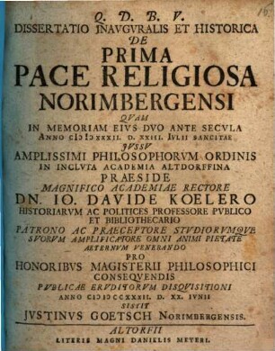 Dissertatio Inavgvralis Et Historica De Prima Pace Religiosa Norimbergensi