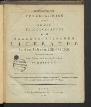 1785/90(1795): Systematisches Verzeichniss der in der philologischen und belletristischen Literatur in den Jahren ... herausgekommenen deutschen und ausländischen Schriften, 1785/90(1795)