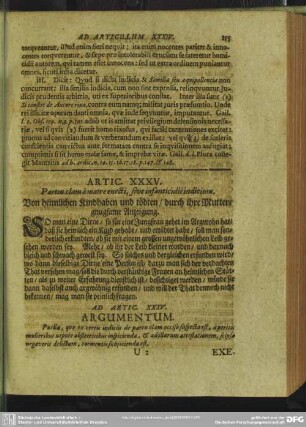 Artic XXXV. Partus clam a matre enecti, sive infanticidii indicium. Von heimischen Kindhaben und tödten, durch ihre Mutter, gnugsame Anzeigung