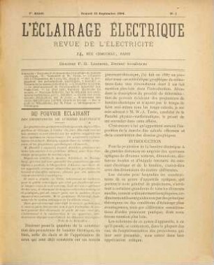 Eclairage électrique : revue hebdomadaire d'électricité. 1. 1894
