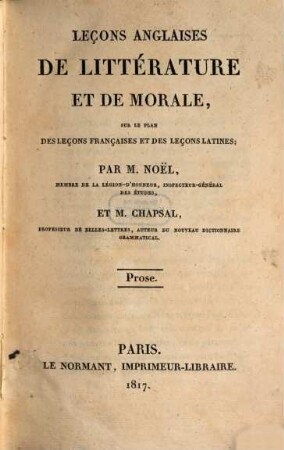 Leçons anglaises de littérature et de morale : Prose, Poesie, 1 (1817)