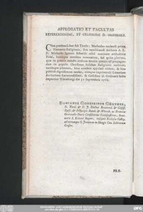 Approbatio Et Facultas Reverendissimi, Et Celsissimi D. Ordinarii.