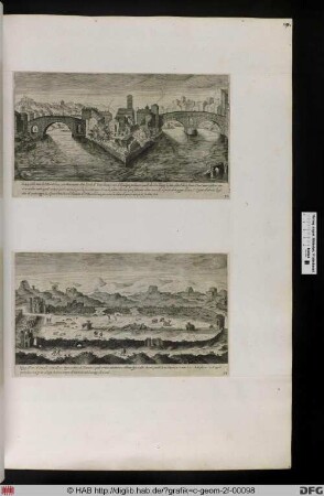 Insel inmitten eines Flusses, durch Brücken mit dem Umland verbunden