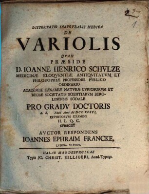 Dissertatio Inavgvralis Medica De Variolis