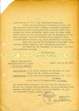 Innerbehördliches Schreiben der Gestapo Aachen an die Landräte des Bezirkes bezüglich des Redeverbotes der Anhänger der Sekte "Deutsche Gotterkenntnis" (Fragment)