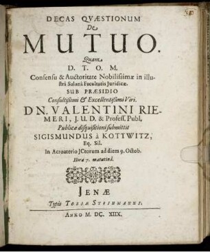 Decas Quaestionum De Mutuo