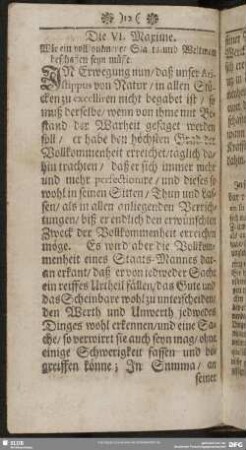 Die VI. Maxime. Wie ein vollkommener Staats- und Weltmann beschaffen seyn müsse