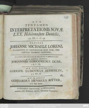 Tentamen Interpretationis Novæ LXX. Hebdomadum Danielis, cap. IX. v. 27-29.