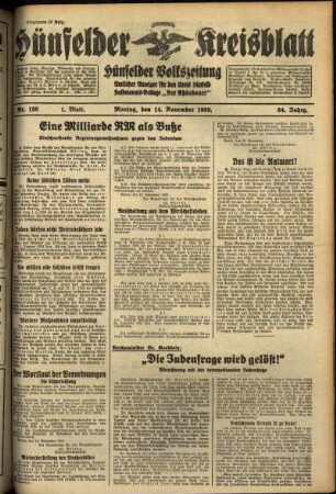 Erste Ausgabe vom Montag, den 14. November 1938.