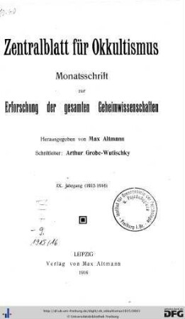 9: Zentralblatt für Okkultismus: Monatsschrift zur Erforschung der gesamten Geheimwissenschaften