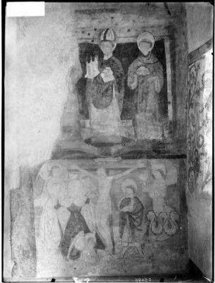 Wasenweiler Sankt Vituskapelle Über dem rechten Seitenaltar Wandmalerei Heiliger Bischoff mit Kirchenmodell (um 1492)