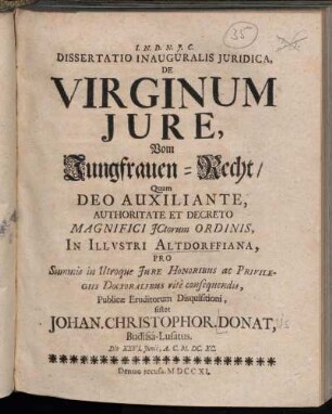 Dissertatio Inauguralis Juridica, De Virginum Jure