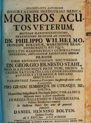 Dissertatione Inaugurali Medica Morbos Acutos Veterum
