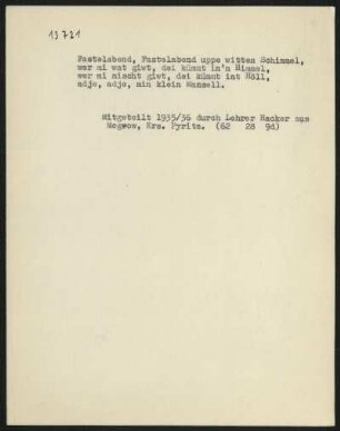 Fastelabend, Fastelabend uppe witten Schimmel,