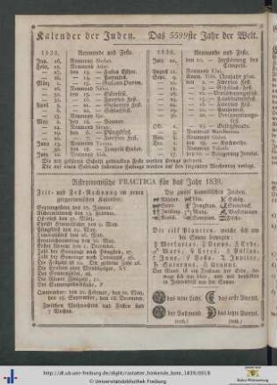 Kalender der Juden. Das 5599ste Jahr der Welt.