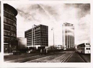 Geschäftshaus Ernst-Reuter-Platz (IBM), Berlin-Charlottenburg. Telefunken-Hochhaus, Berlin-Charlottenburg: Ansicht von der Hardenbergstraße (Montage)