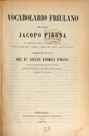 Vocabulario Friulano : Pubblicato per cura di Giulio Andra Pirona