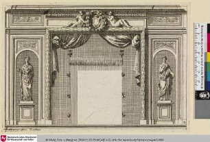 [Alkoven mit zwei Skulpturen auf Podesten in Nischen; Alcôve ornée à gauche, et à droite de statues en pied dans des niches]