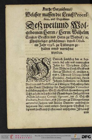 Kurtze Verzaichnus, Welcher massen die Leuch Procession vnd Begräbnus ... gehalten vnd verrichtet worden