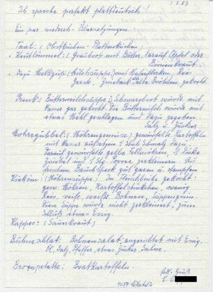 Brief mit Aufzählung von Gerichten auf Plattdeutsch