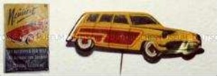 Auto-Sammelabzeichen "Ford Country Squire" und Kaugummi-Papiertüte