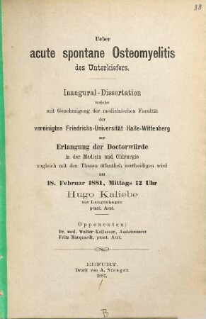 Ueber acute spontane Osteomyelitis des Unterkiefers : Hallesche Inaug.-Dissertation