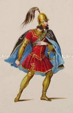 Mann mit Helm im roten Wams mit blauem Umhang - Tafel aus Franceschini/Kostümbilder (Kassette 2)