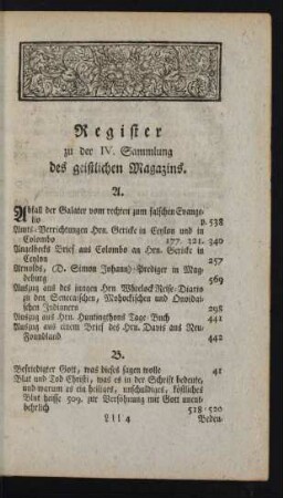 Register zu der IV. Sammlung des geistlichen Magazins.