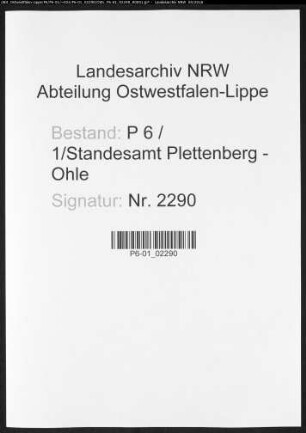 Sterberegister Standesamt Plettenberg-Ohle