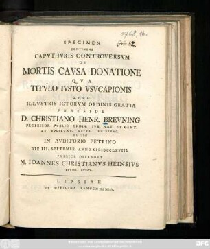 Specimen Continens Capvt Ivris Controversvm De Mortis Cavsa Donatione Qva Titvlo Ivsto Vsvcapionis