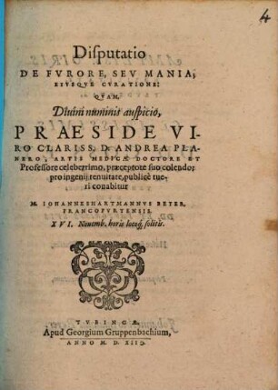 Disputatio de Fvrore, Sev Mania, Eivsqve cvratione