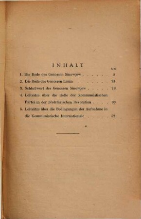 Die Kommunistische Internationale über die Rolle der kommunistischen Partei in der Revolution : Reden Sinowjews und Lenins auf dem II. Kongress der K. I. Leitsätze