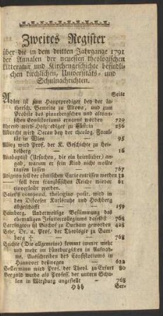 Zweites Register über die in dem dritten Jahrgange 1791 der Annalen der neuesten theologischen Litteratur und Kirchengeschichte befindlichen kirchlichen, Universitäts- und Schulnachrichten