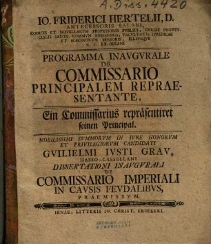 Io. Friderici Hertelii Programma inaugurale de commissario principalem repraesentante