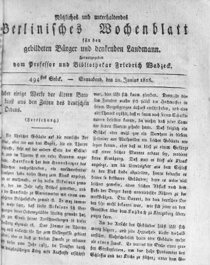 494stes Stück, Sonnabend den 20. Junius 1818