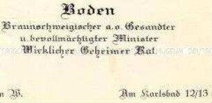 Visitenkarte des braunschweigischen Gesandten Friedrich Boden aus der Sammlung des Reichskanzlers Wilhelm Marx / Kategorie "Reichsrat" - Sachkonvolut