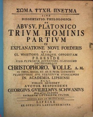 Sōma, psychē, pneuma : sive dissertatio philologia de abusu Platonico trium hominis partium in explanatione novi foederis
