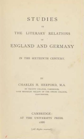 Studies In the literary relations of england and germany in the sixteenth century