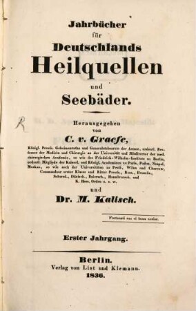 Jahrbücher für Deutschlands Heilquellen und Seebäder. 1, 1. 1836