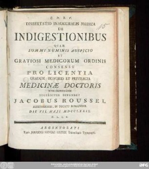 Dissertatio Inauguralis Medica De Indigestionibus