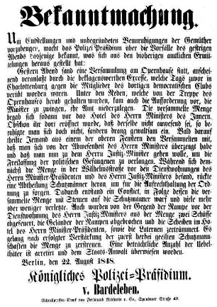 Bekanntmachung. Um Entstellungen und unbegründeten Beunruhigungen der Gemüther vorzubeugen, [...]