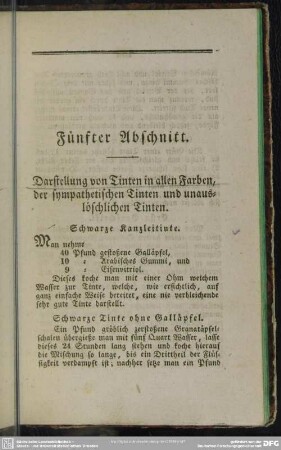 Fünfter Abschnitt. Darstellung von Tinten in allen Farben, der sympathetischen Tinten und unauslöschlichen Tinten